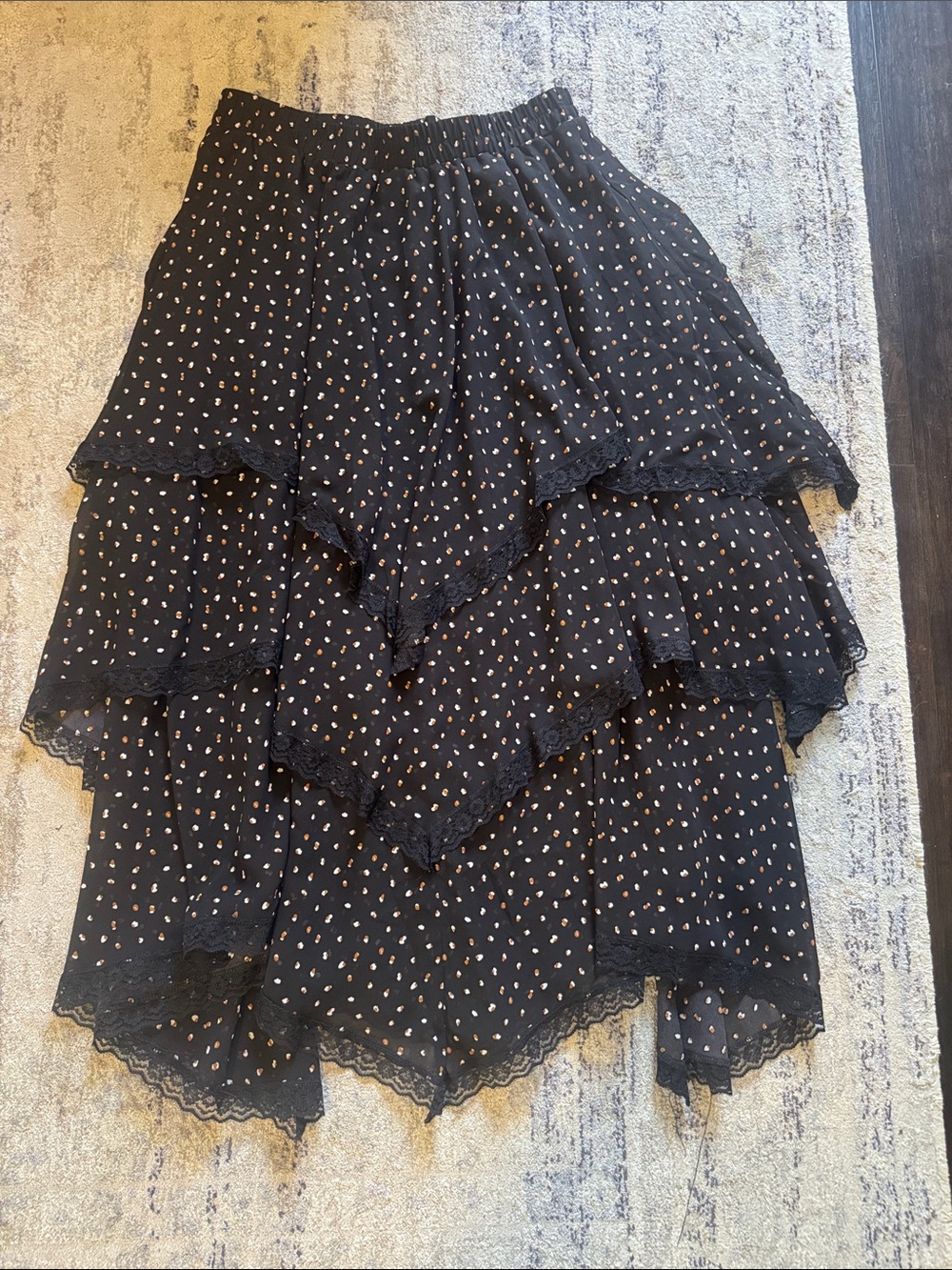 Black High-Low Tiered Skirt with Cream Dot Detail